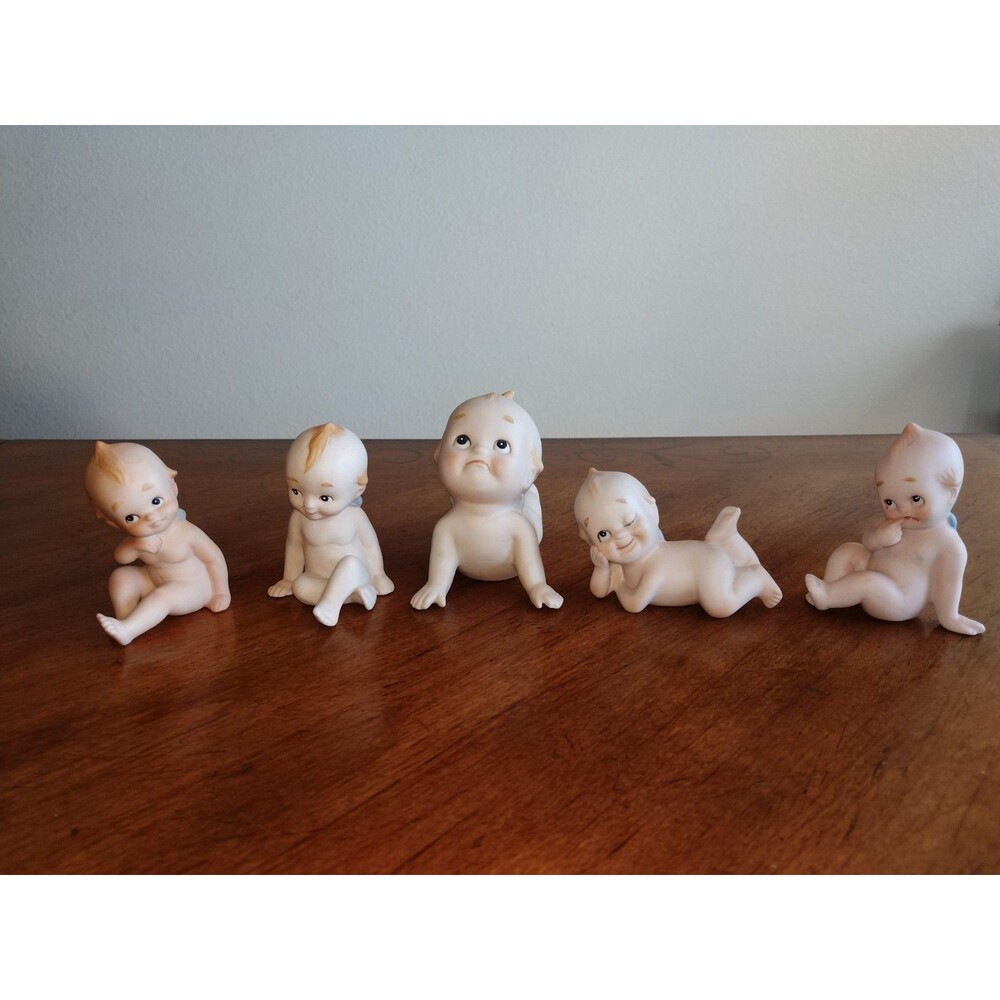5x Vintage Lefton? Bisque Rose O'Neill Kewpie Doll Blue Wings 4 Mini + 1 Bigger